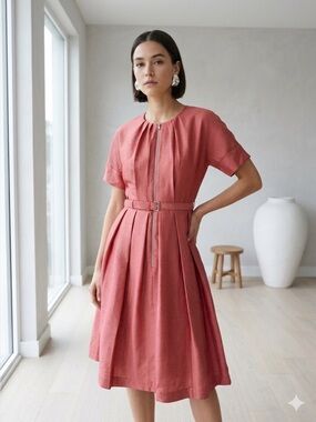 Lida Baday Terracotta / Dusty Rose Silk Belted Pleated Midi Dress - US 6
